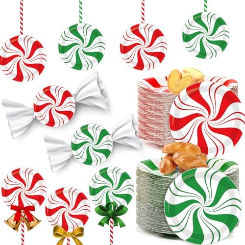 80Pcs Christmas Peppermint Disposable Plates 7 Inch Red Green Striped Partyware