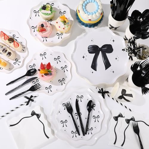 Sawysine 202 Pcs Black Bow Party Supplies Set for 25 Guests