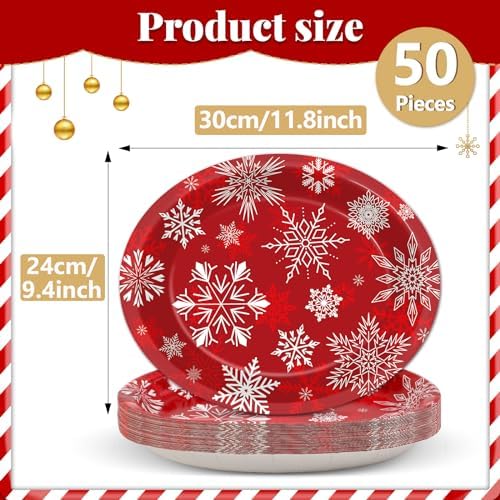 ZOIIWA 50 Pcs Christmas Snowflake Paper Plates 11x9 Inch