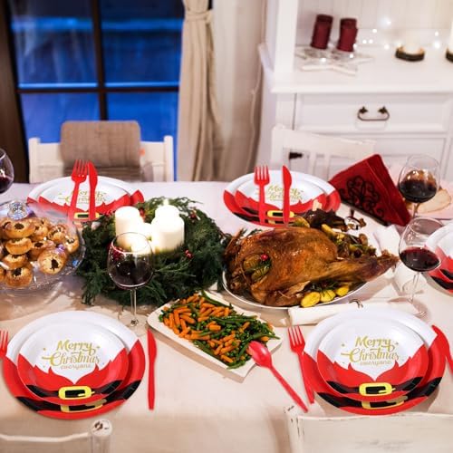 144 Pcs Christmas Party Tableware Set with Plates Cups Cutlery and Santa Belt