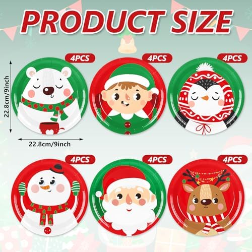 Whaline 9 Inch Christmas Paper Plates 24Pcs
