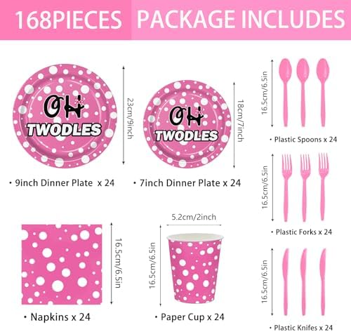 Oh Twodles 168pcs Pink Cartoon Party Supplies Set