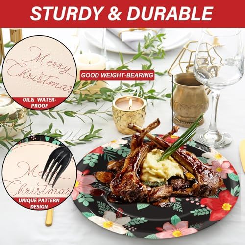 50Pcs Heavy Duty Christmas Floral Plates Set