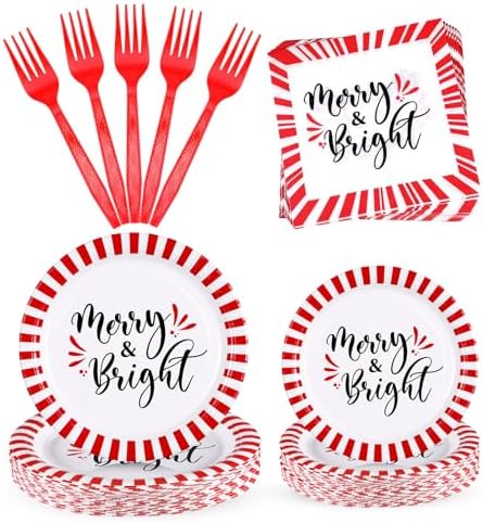 Lounsweer 96 Pcs Christmas Party Supplies Paper Plates and Napkins Set