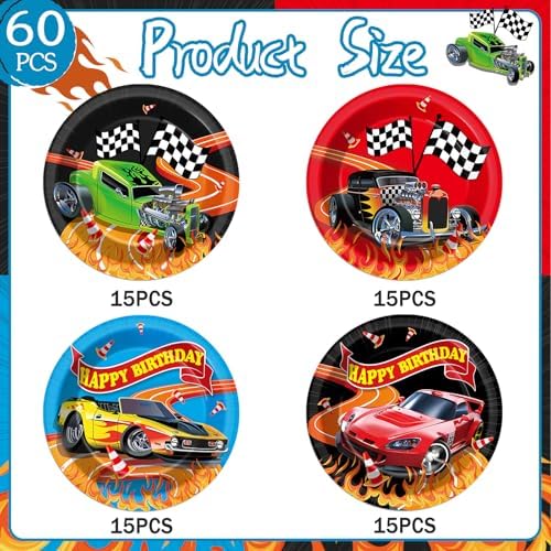 60Pcs Racing Car Paper Plates for Birthday Parties