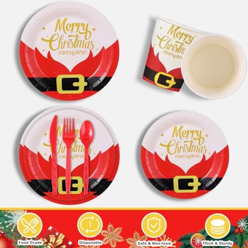 144 Pcs Christmas Party Tableware Set with Plates Cups Cutlery and Santa Belt