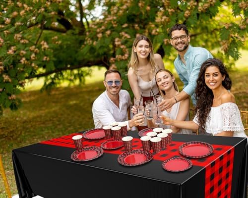 Oudain 162 Pcs Red Black Plaid Tableware Set