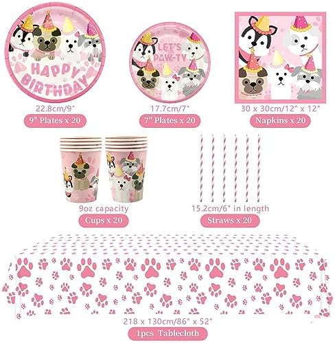 Pink Puppy Birthday Tableware Set for 20 Guests