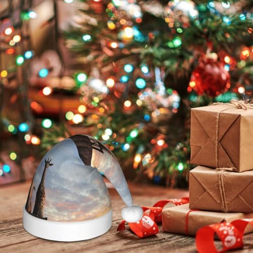 Elephant Giraffe Mountain Top Sunset Santa Hat for Kids