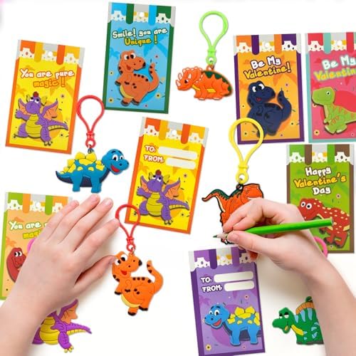 28 Pack Valentines Day Cards with Dinosaur Keychains