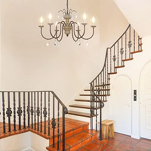 French Country 6-Light Wood Farmhouse Chandelier with Crystal Pendant