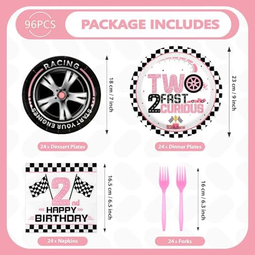 Grencian 96Pcs Pink Race Car Party Tableware Set for 2nd Birthday