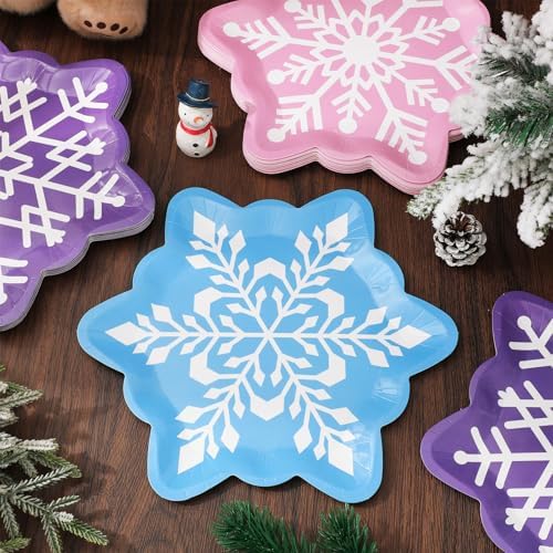 60Pcs Winter Snowflake Paper Plates with Pink Blue Purple Design