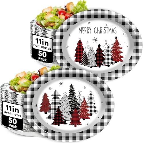 Wiooffen 100 PCS Christmas Oval Paper Plates 11 Inch Buffalo Plaid Party Supplies