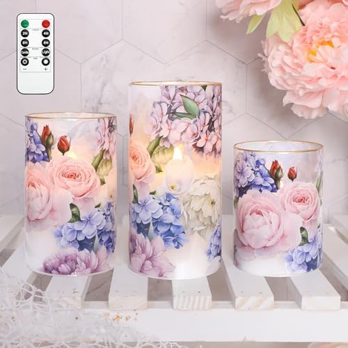 Silverstro Hydrangea Rose Flameless Candles Set of 3 With Remote Timer