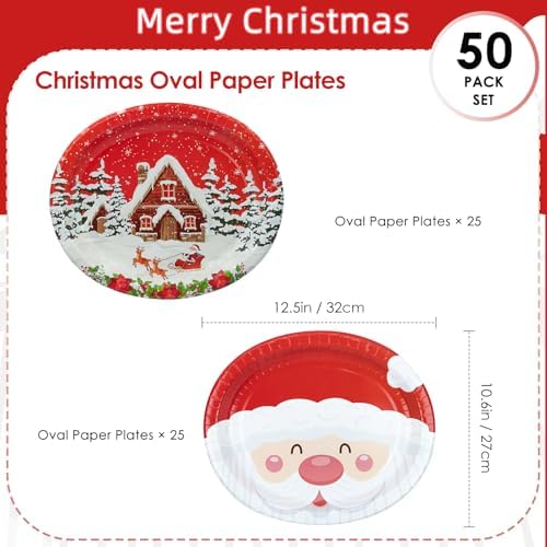 YY Christmas Party Oval Paper Plates Set of 50 12in