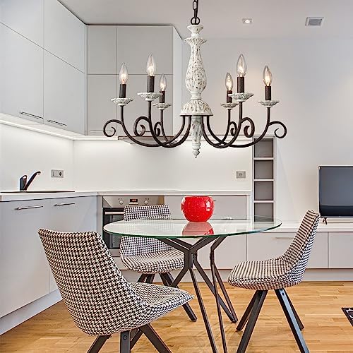 Farmhouse Chandelier 6 Light White Wood Black Metal Pendant