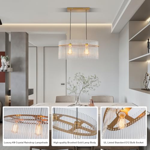 Modern Crystal Chandelier with Adjustable Height Gold Frame