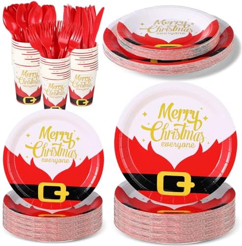 144 Pcs Christmas Party Tableware Set with Plates Cups Cutlery and Santa Belt