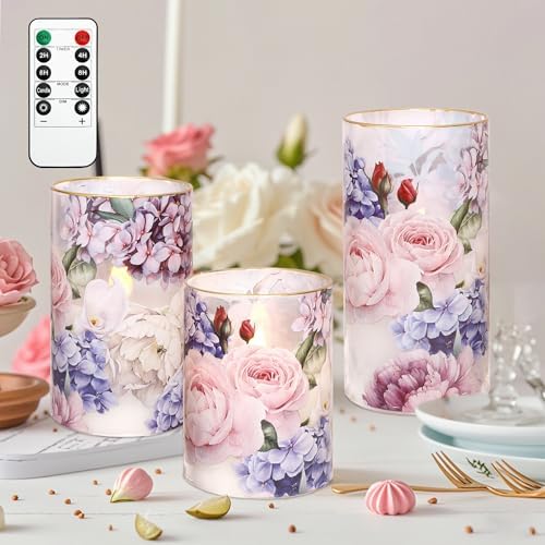 Silverstro Hydrangea Rose Flameless Candles Set of 3 With Remote Timer