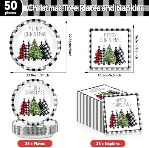 CHUNNIN 50 Pcs Christmas Tree Plates and Napkins Set