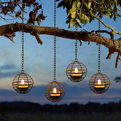 Solar Hanging Lanterns Outdoor Waterproof Rust Iron Ball Candle Holder 4Pack