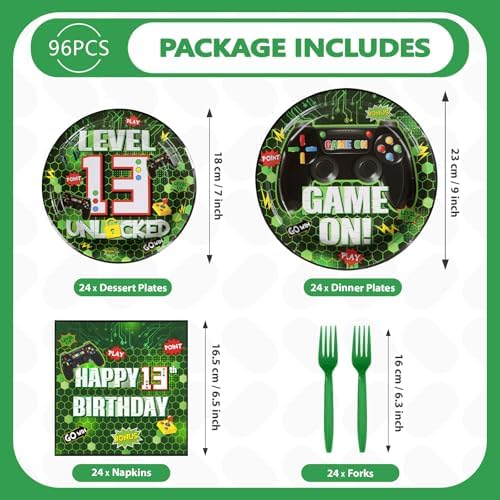 Grencian 96Pcs Green Game Party Tableware Set for 13th Birthday