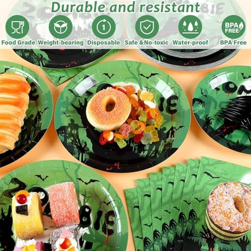Wiooffen 96 Pcs Zombie Halloween Plates Napkins Tableware Set
