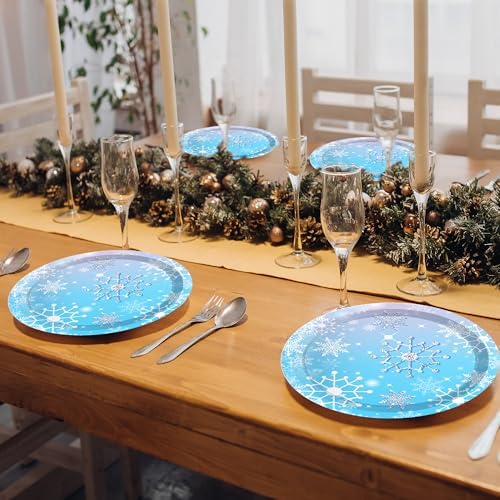 24Pcs Blue Christmas Theme Paper Plates Snowflakes Party Set