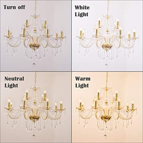 Crystal Gold Candle Chandelier 12 Light Pendant Ceiling Lamp for Home