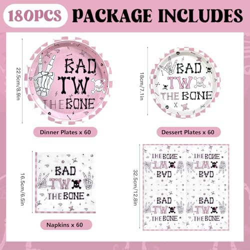 180pcs Bad Two The Bone Party Plates Set for 60 Guests