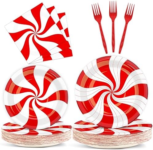 100Pcs Christmas Candy Cane Party Plates and Napkins Set