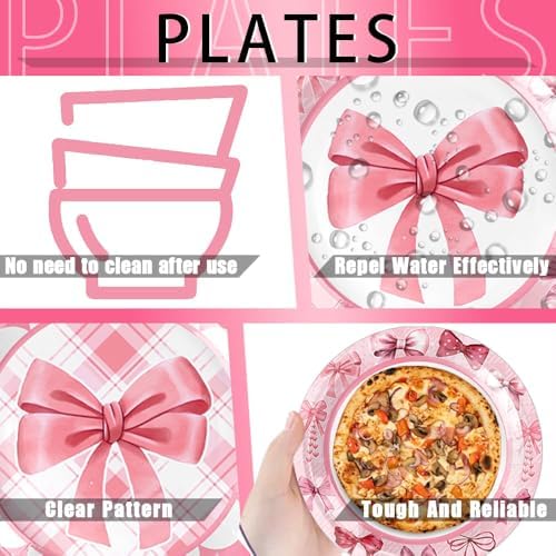 Pink Bow Plates and Napkins Party Tableware Set for 10 Guests