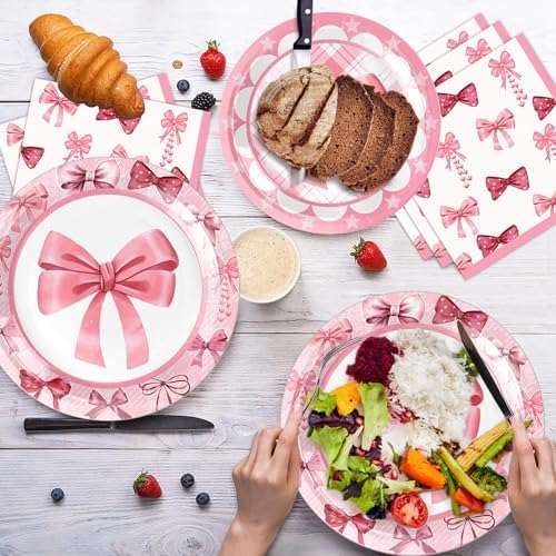 Pink Bow Plates and Napkins Party Tableware Set for 10 Guests