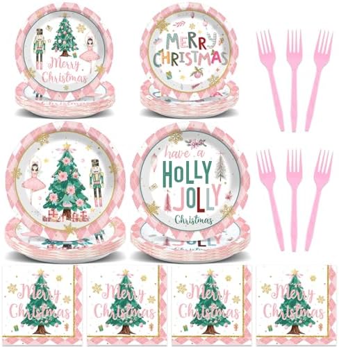 96pcs Christmas Nutcrackers Plates Napkins Set Pink