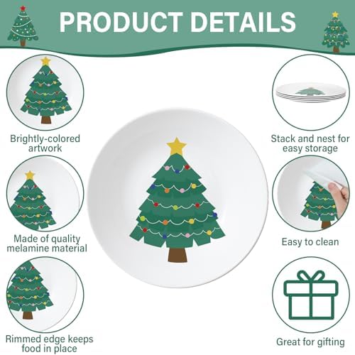 4 Piece 10 Inch Christmas Tree Melamine Plates Set Reusable Dishware