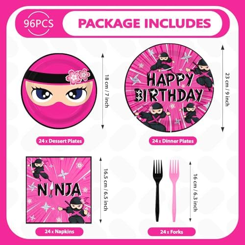 Grencian 96 Pcs Ninja Girl Party Decor Plates Set