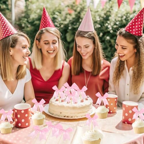 24PCS Pink Bow Cupcake Toppers for Birthday Parties