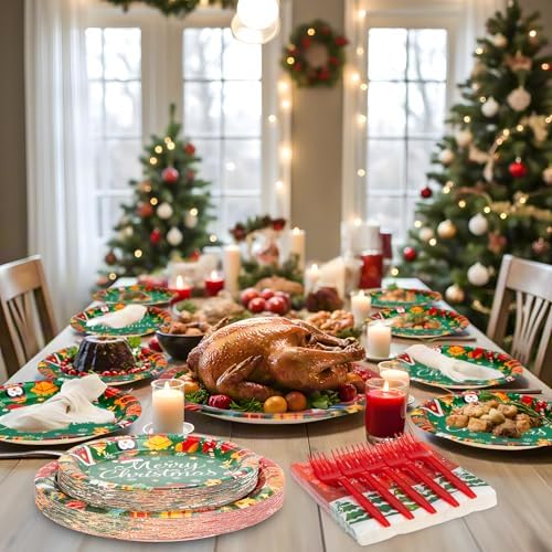 100 Pcs Christmas Plates and Napkins Set - Winter Party Decor