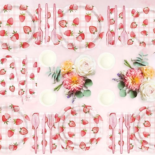Strawberry Party Tableware Set 24 Guest Disposable Plates Cups Straws
