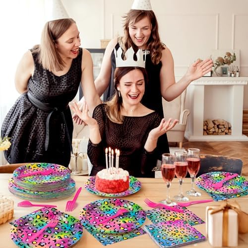 K1tpde Iridescent Rainbow Leopard Tableware 96PCS Set