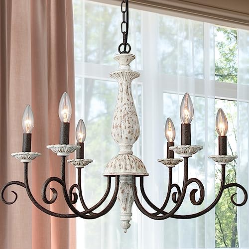 Farmhouse Chandelier 6 Light White Wood Black Metal Pendant