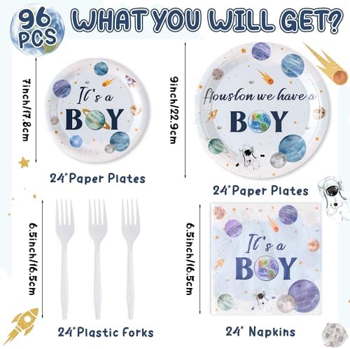 96Pcs Houston We Have A Boy Baby Shower Plates Set