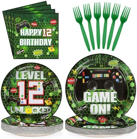 Grencian 96Pcs Gaming 12th Birthday Party Tableware Set