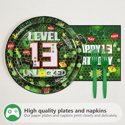 Grencian 96Pcs Green Game Party Tableware Set for 13th Birthday
