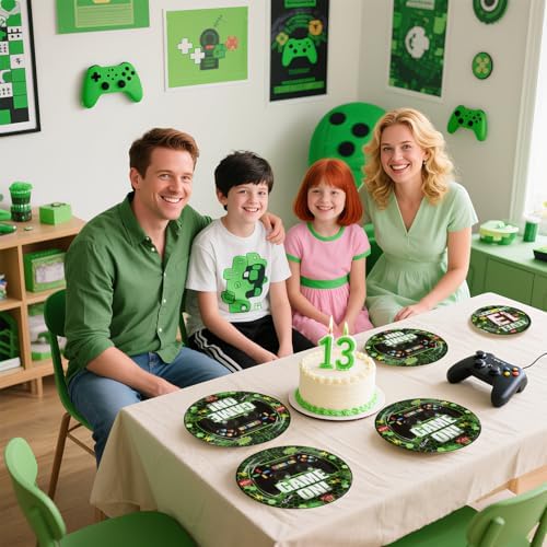 Grencian 96Pcs Green Game Party Tableware Set for 13th Birthday
