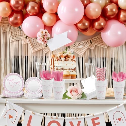 MEHOFOND 216 Pcs Pink Bow Party Plates Set for 24 Guests