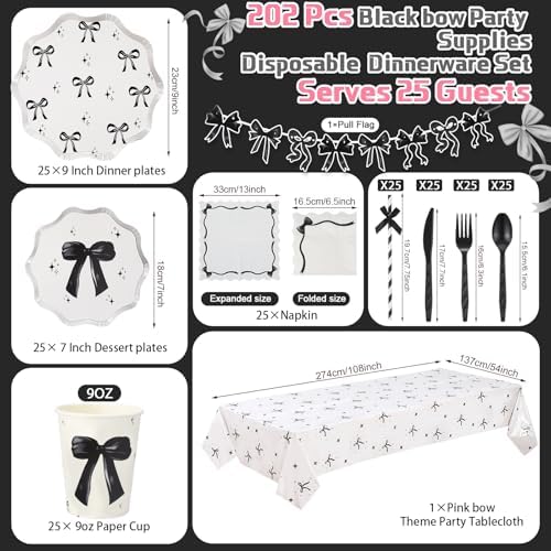 Sawysine 202 Pcs Black Bow Party Supplies Set for 25 Guests