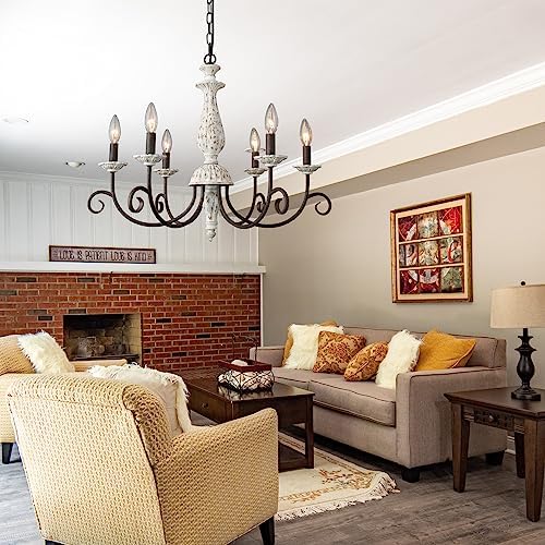 Farmhouse Chandelier 6 Light White Wood Black Metal Pendant