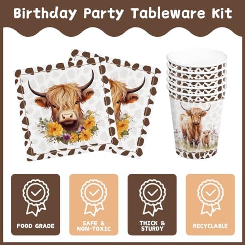 Highland Cow Themed Party Plates Napkins Set for Kids 24 Guests